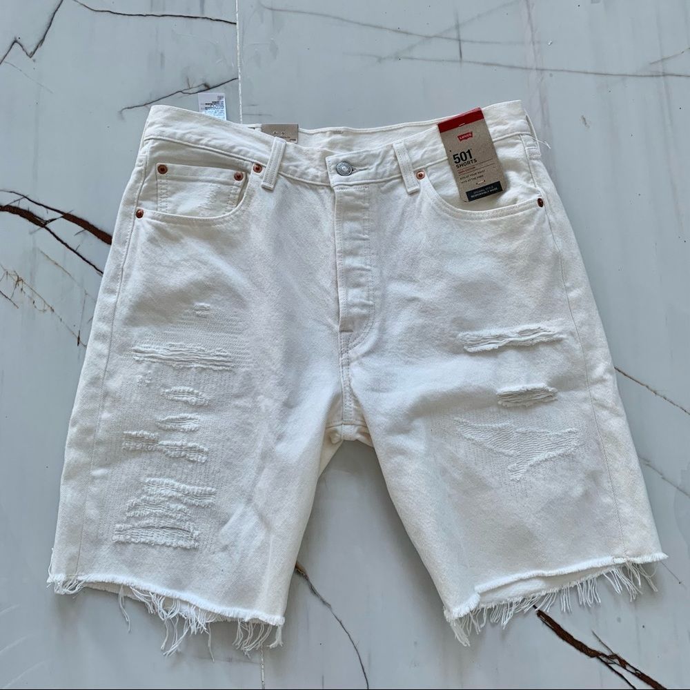 Levi's 501 Men's Button Fly Straight Fit Distressed Cut Off Shorts White Size 33